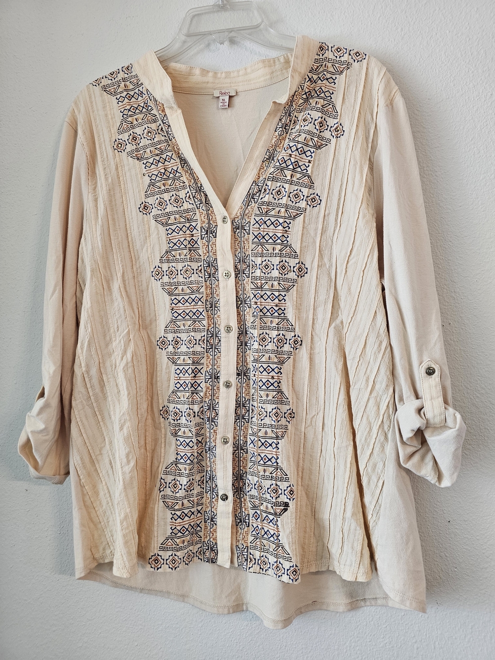 Reba Cream Button-Front Embroidered Boho Blouse